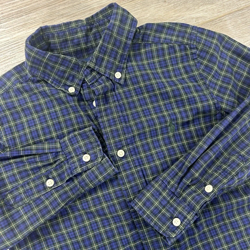 Ralph Lauren Boys 5 Navy Blue Tartan Button Down Christmas‎ Holiday Cotton